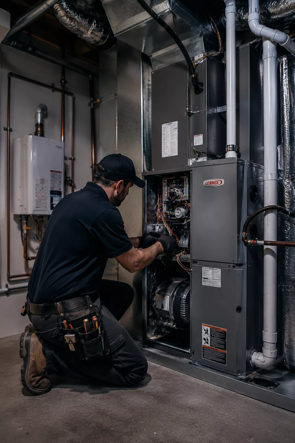 PeakLine senior technician inspecting a furnace control board in a residential utility room