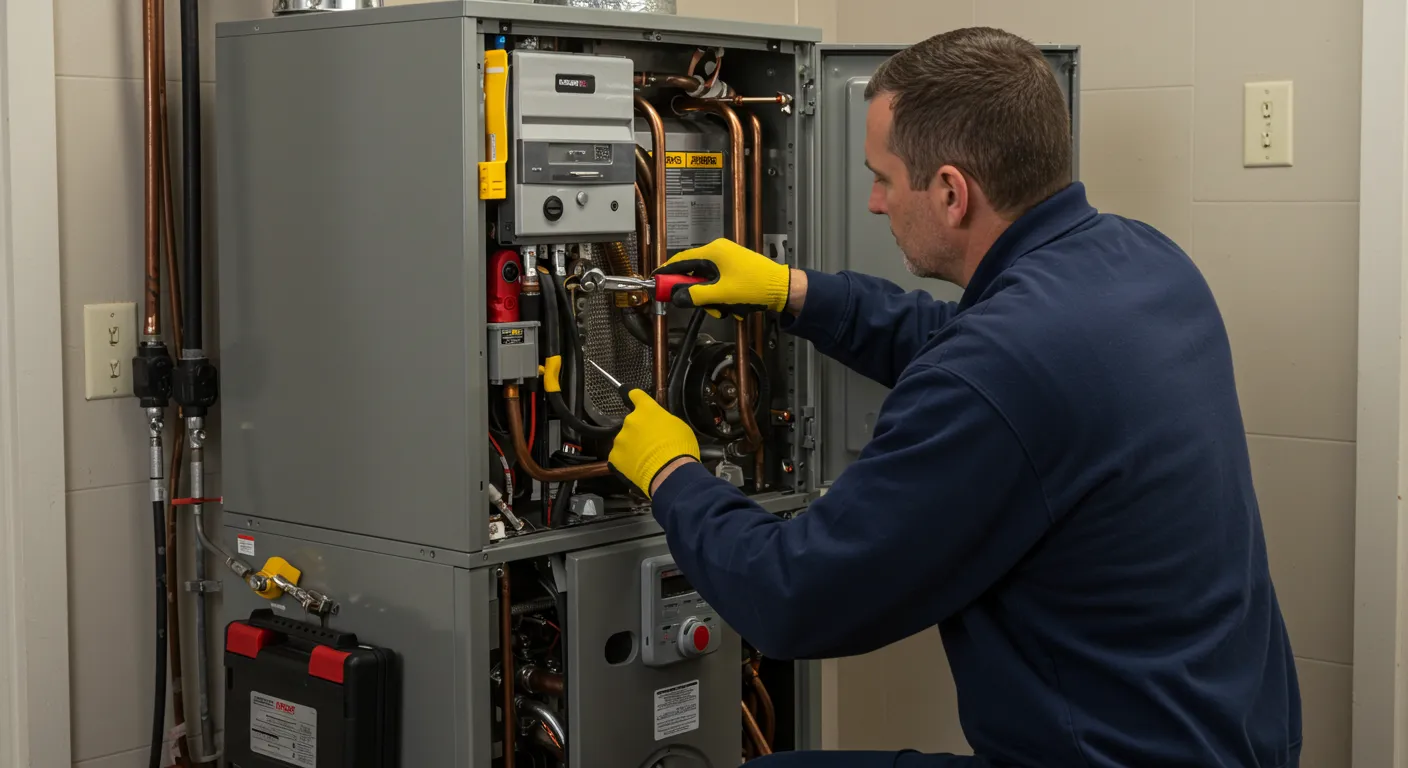 Residential gas furnace in an Aurora utility room during a winter-prep tune-up