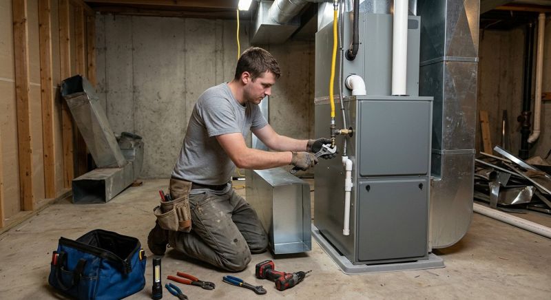 PeakLine technician working on an open furnace in a warm-lit basement