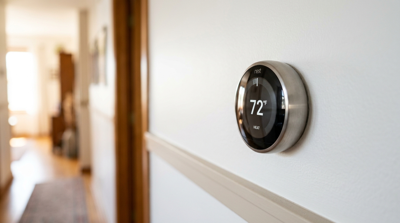 Thermostat and boiler controls on the wall of an Aurora home with hydronic heating